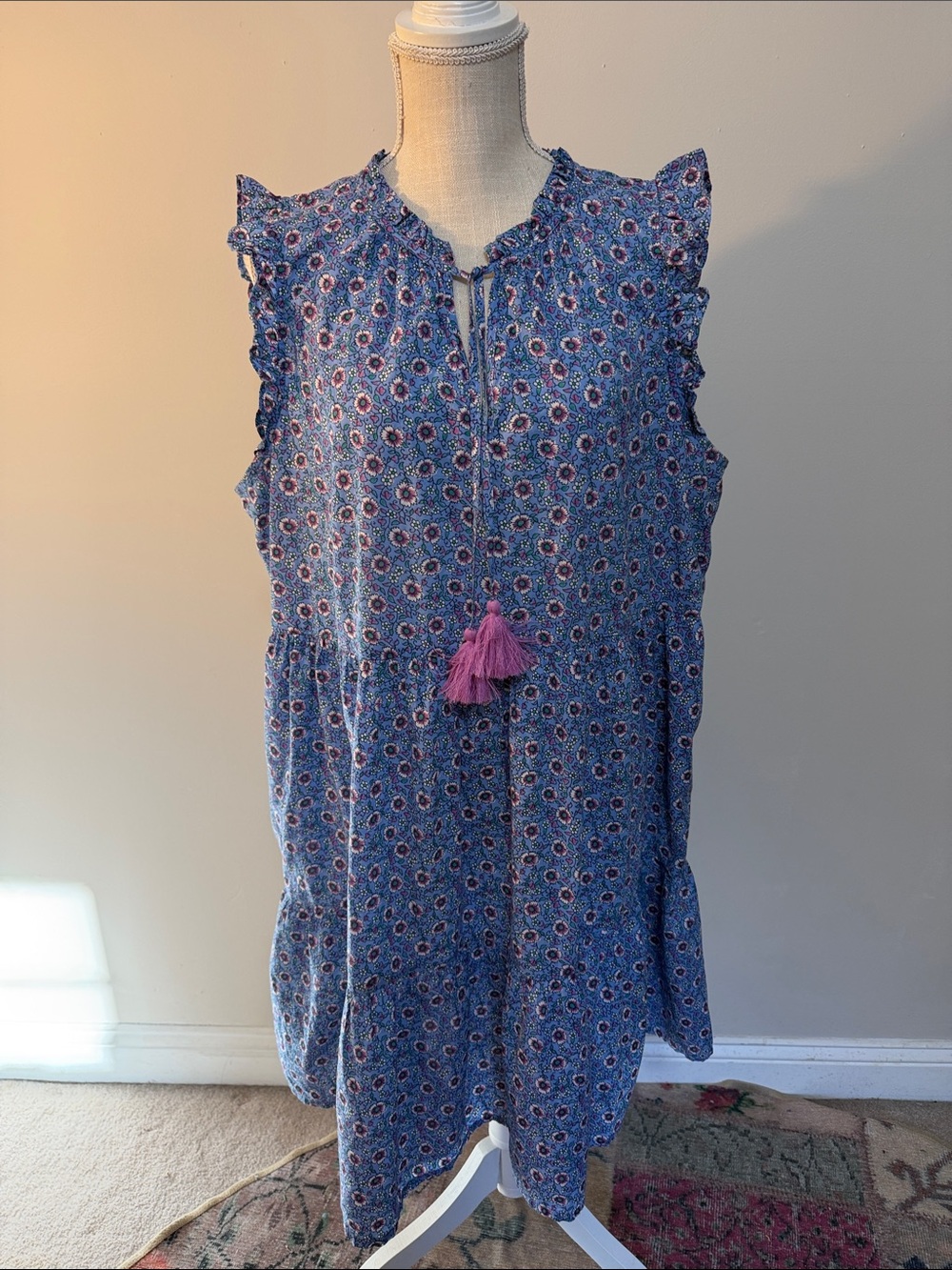 J. Crew Blue Floral Dress with Pink Tassel